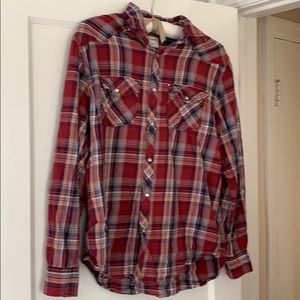 Plaid pearl button shirt.